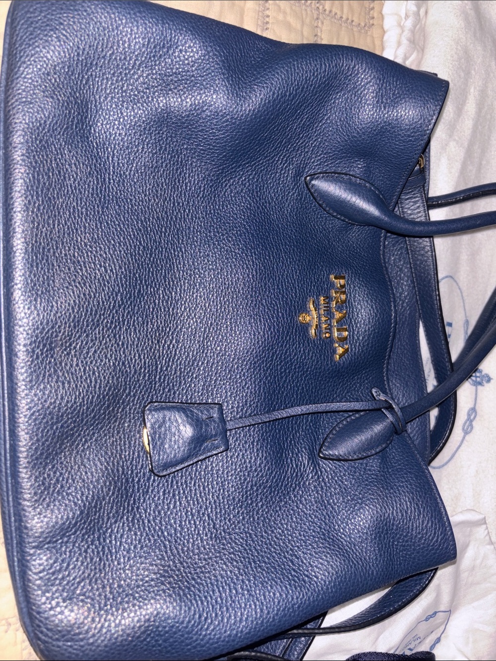 Prada Navy Leather Tote with Gold Logo Detail - Picture 8 of 10